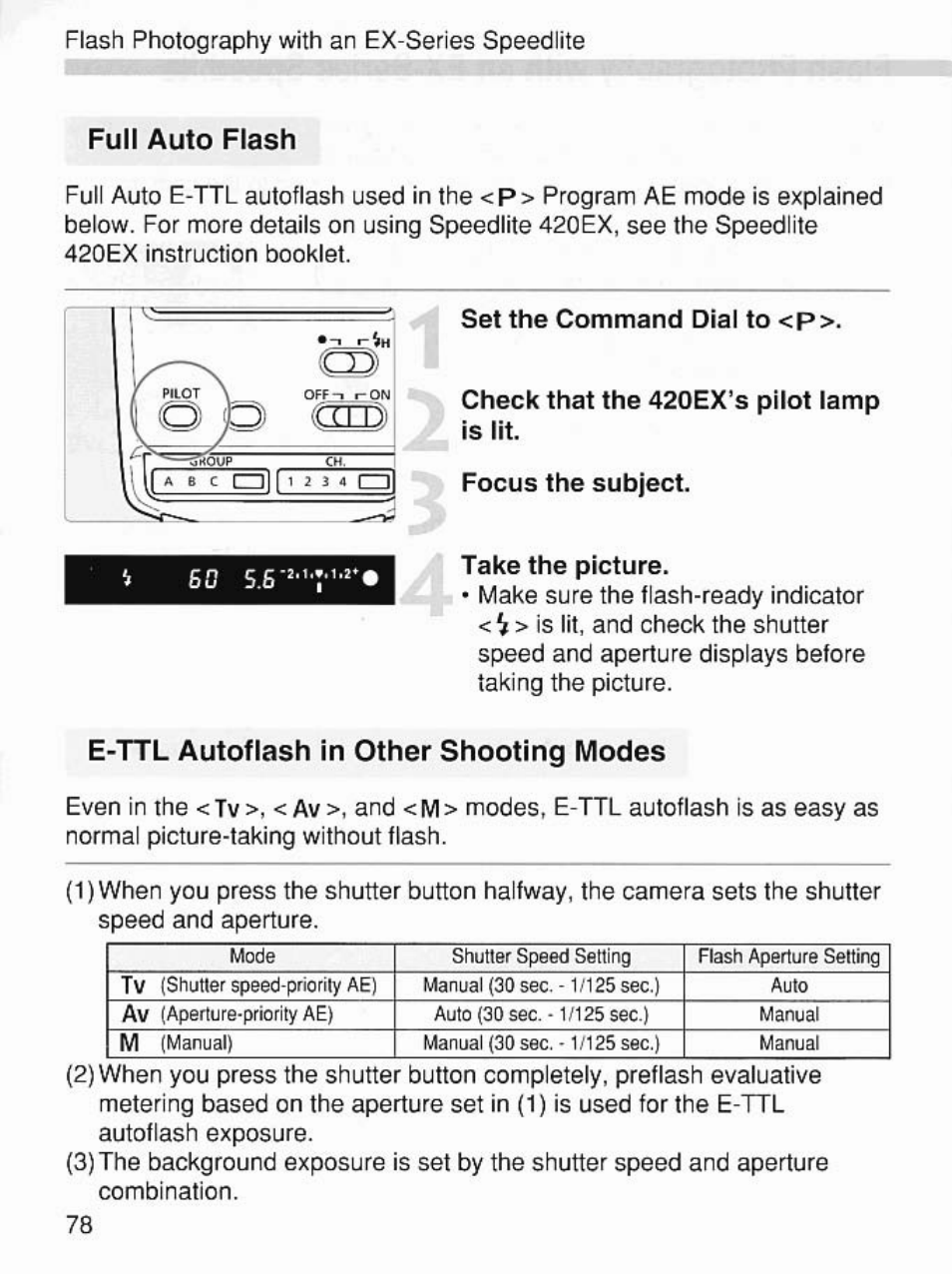 Full auto flash, E-ttl autoflash in other shooting modes, 51 f | The subject. 50 5.5 take the picture | Canon EOS 7 User Manual | Page 78 / 108
