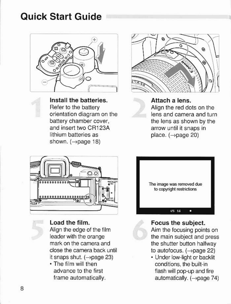 Quick start guide, Install the batteries, Attach a lens | Load the film, Focus the subject | Canon EOS 7 User Manual | Page 8 / 108