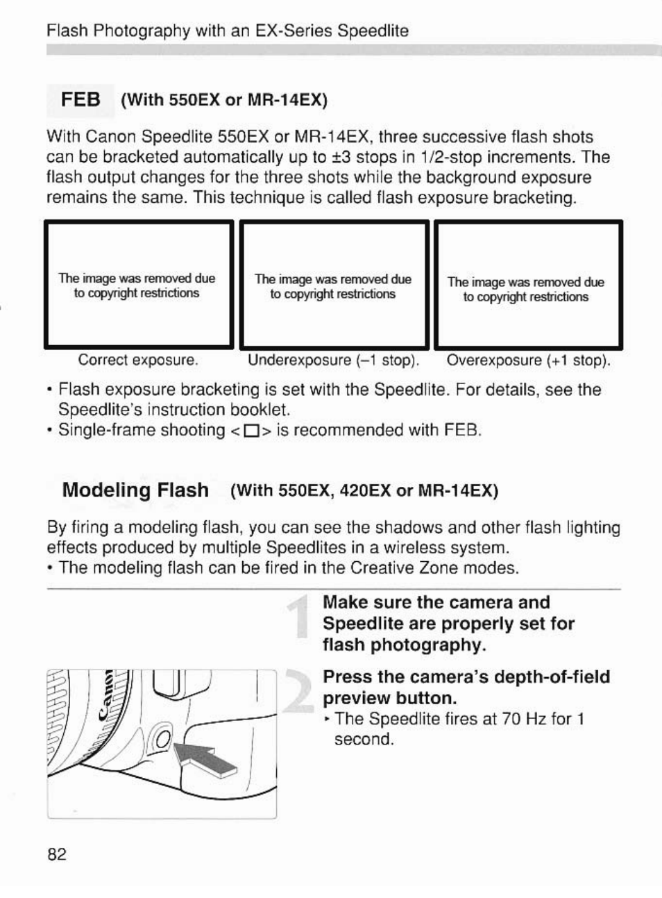 Feb (with 550ex or mr-14ex), Modeling flash (with 550ex, 420ex or mr-14ex), Modeling flash | Canon EOS 7 User Manual | Page 82 / 108
