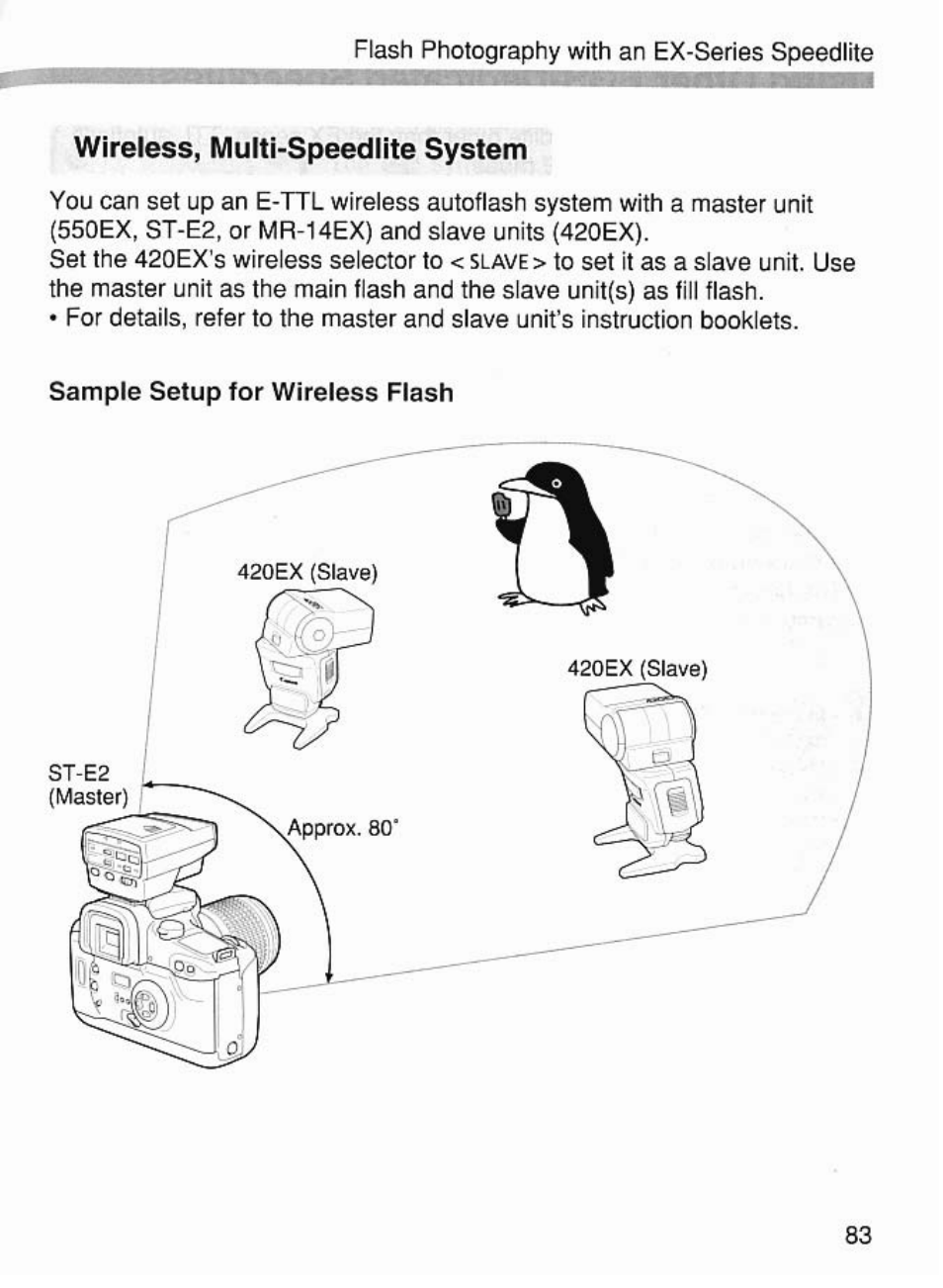 Wireless, multi-speedlite system, Sample setup for wireless flash | Canon EOS 7 User Manual | Page 83 / 108