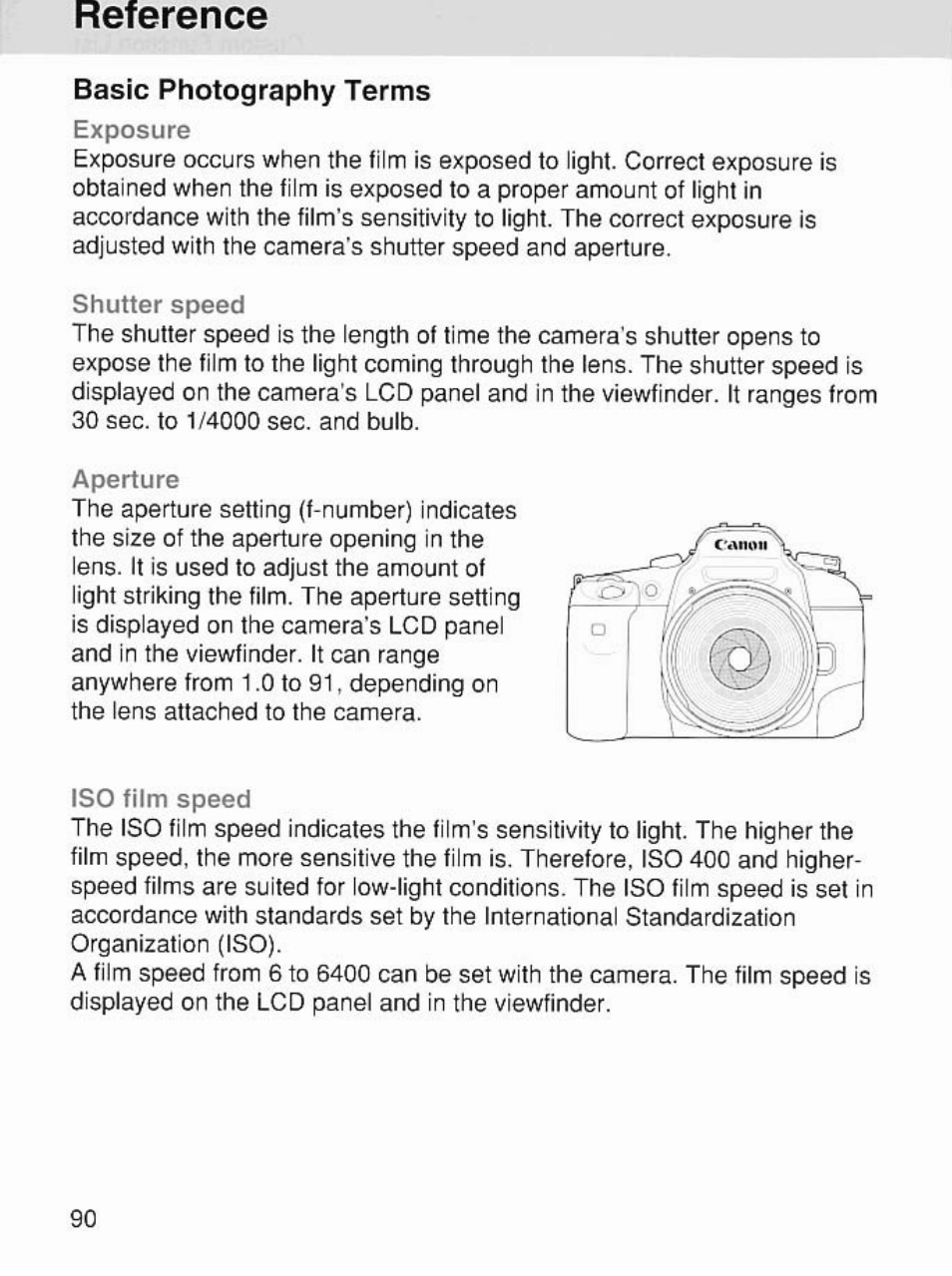 Basic photography terms exposure, Basic photography terms, Reference | Canon EOS 7 User Manual | Page 90 / 108