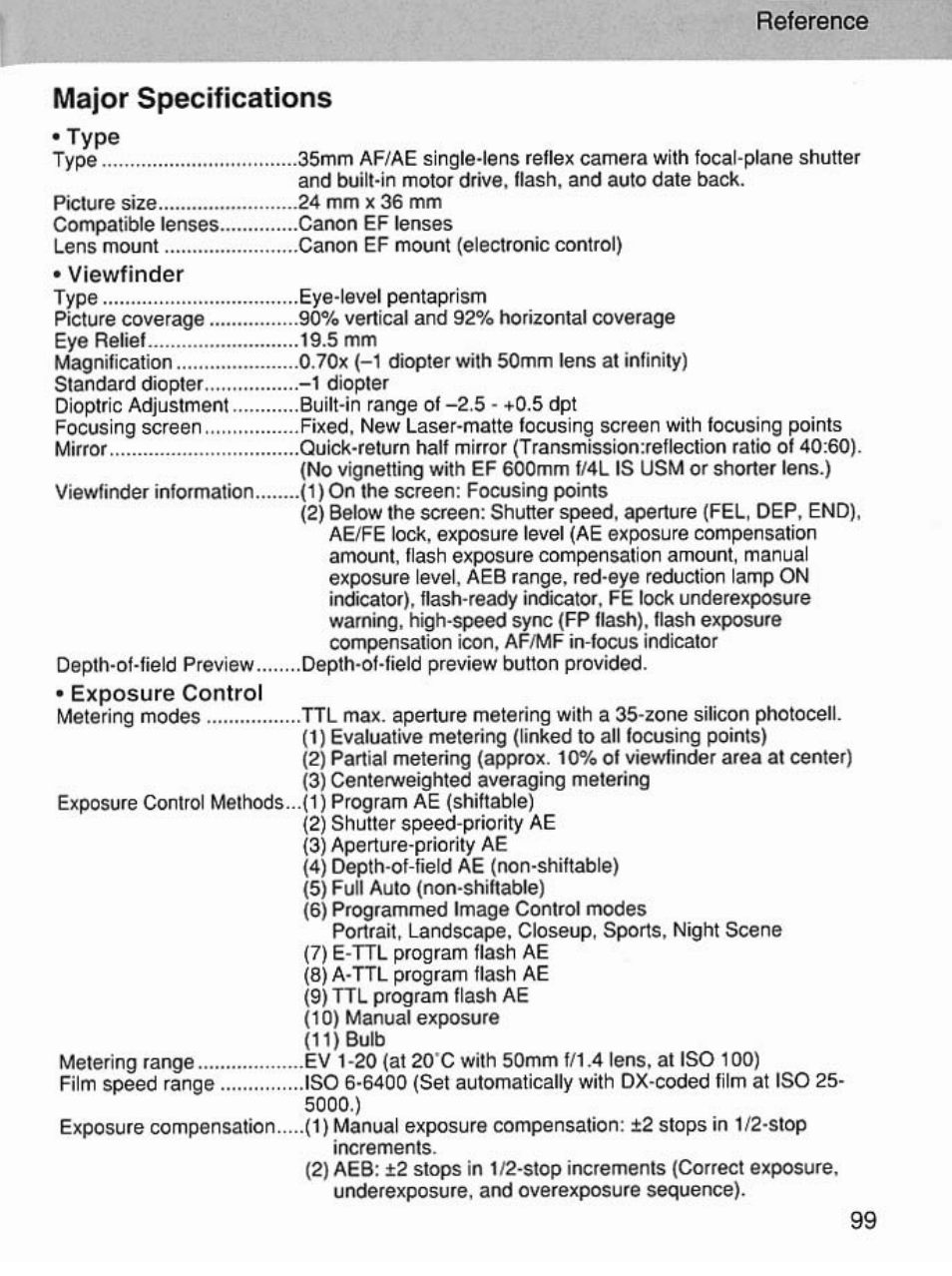 Major specifications, Reference | Canon EOS 7 User Manual | Page 99 / 108