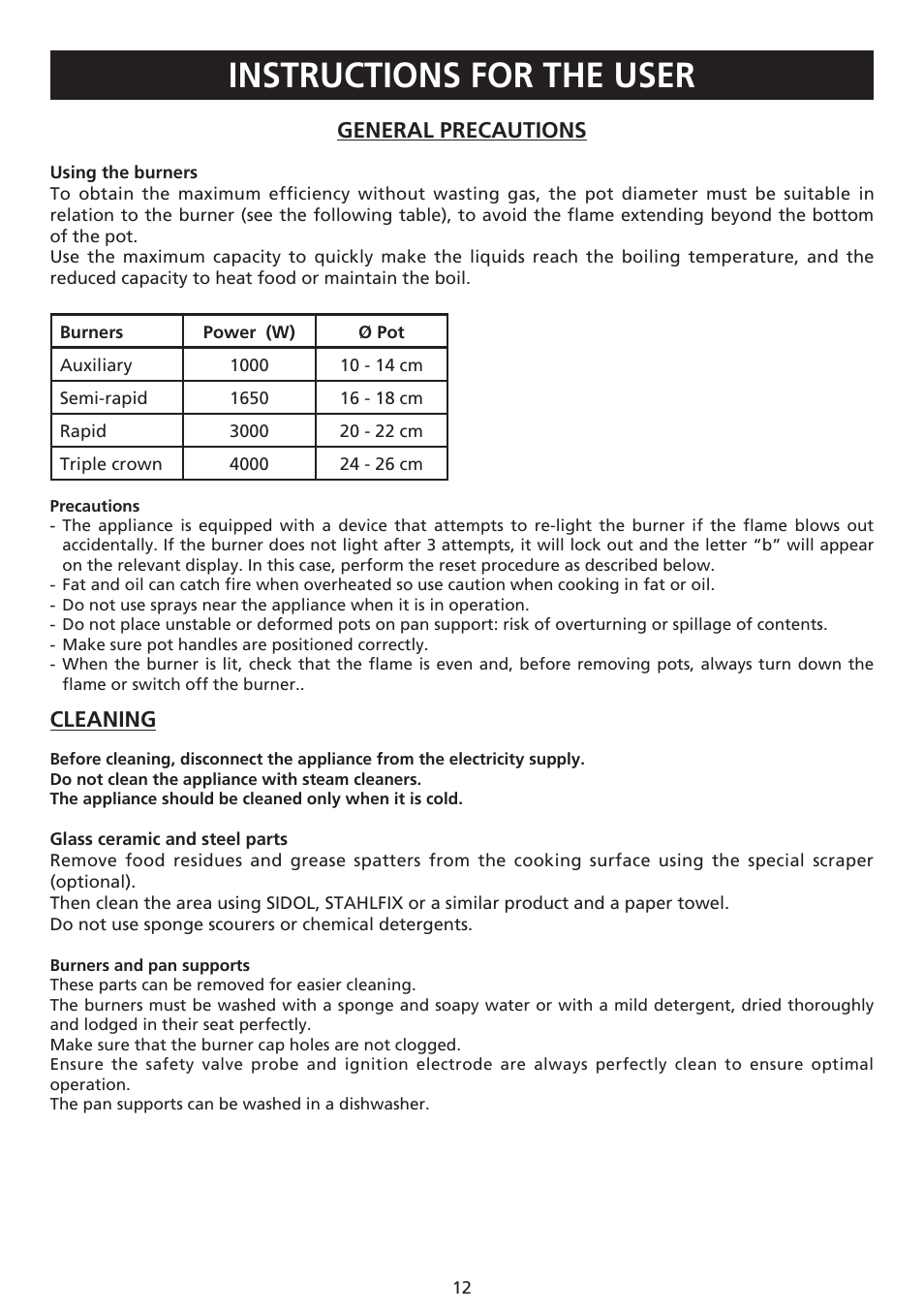 Instructions for the user, General precautions, Cleaning | Caple C981G User Manual | Page 12 / 20