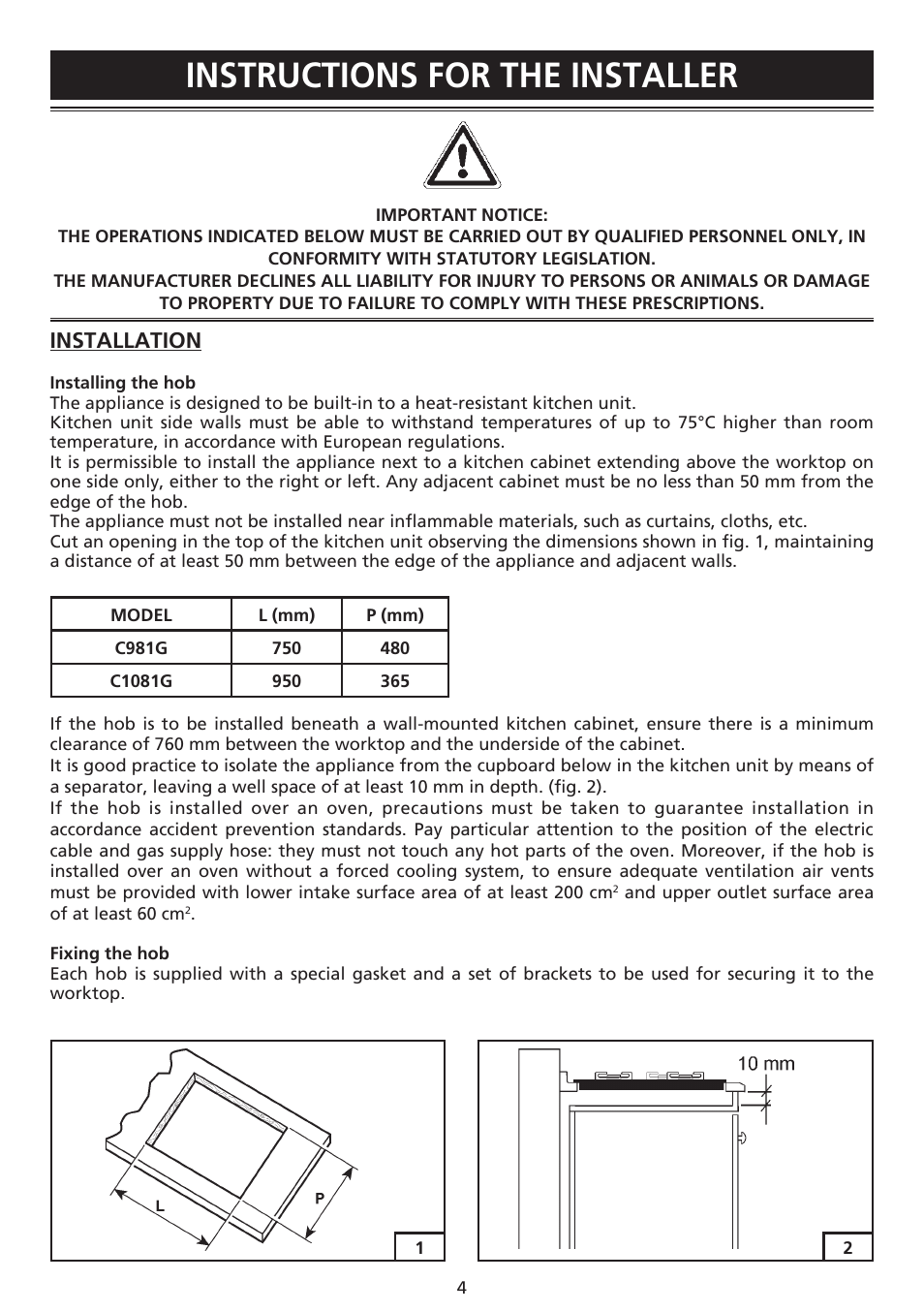 Instructions for the installer, Installation | Caple C981G User Manual | Page 4 / 20