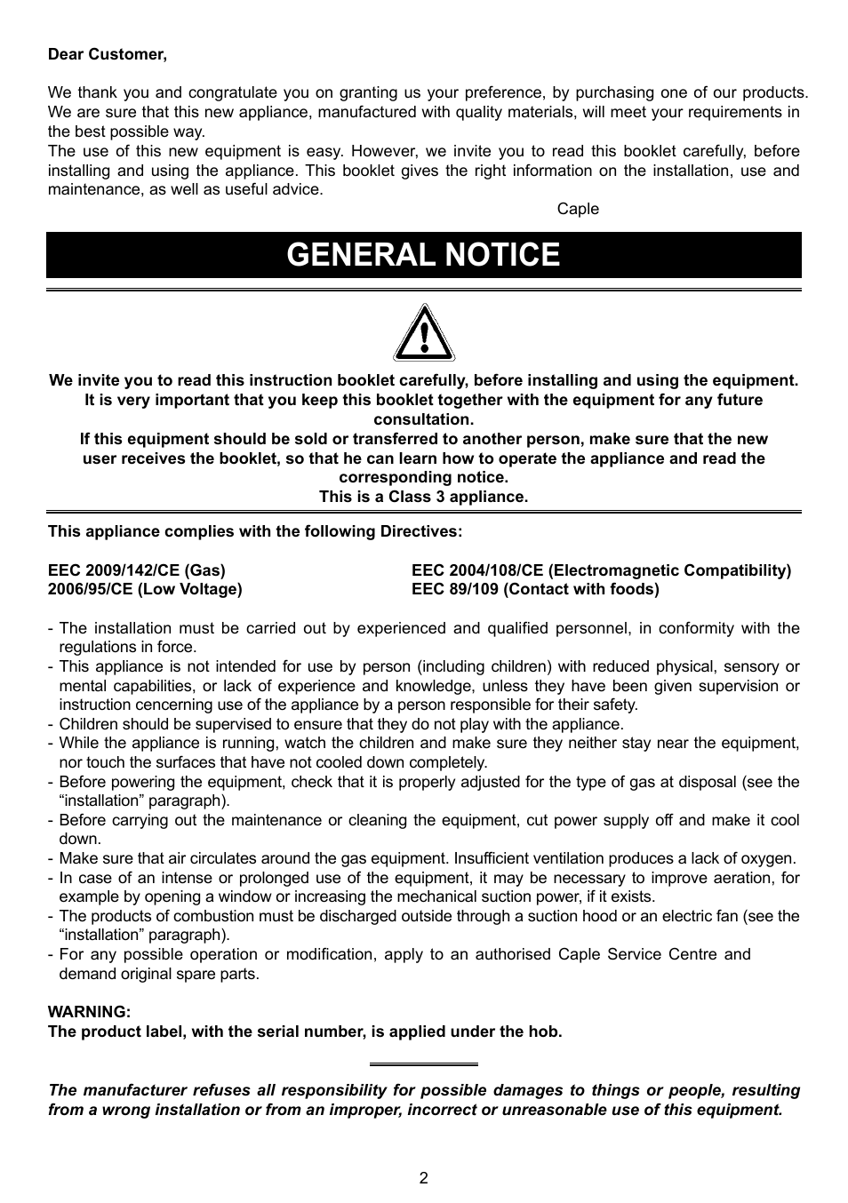 General notice | Caple C873G User Manual | Page 2 / 8