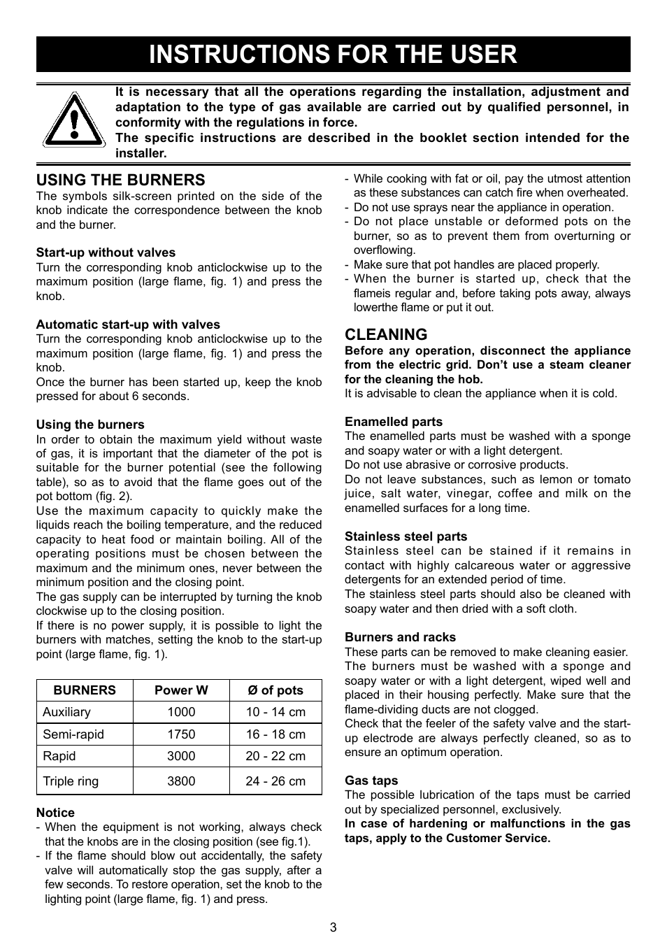 Instructions for the user, Using the burners, Cleaning | Caple C873G User Manual | Page 3 / 8