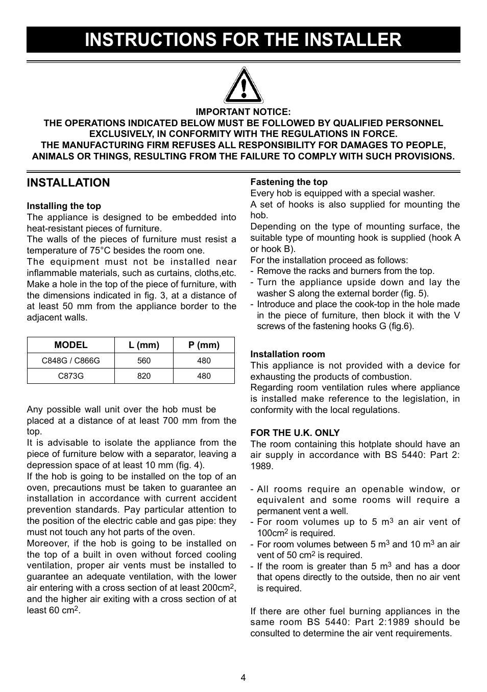 Instructions for the installer, Installation | Caple C873G User Manual | Page 4 / 8