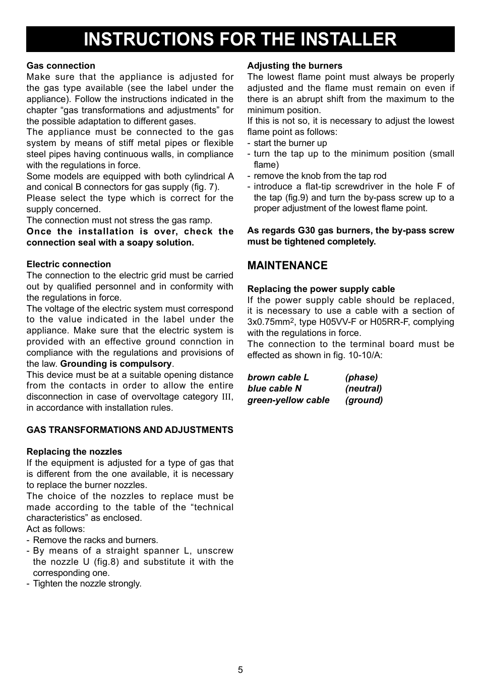 Instructions for the installer, Maintenance | Caple C873G User Manual | Page 5 / 8