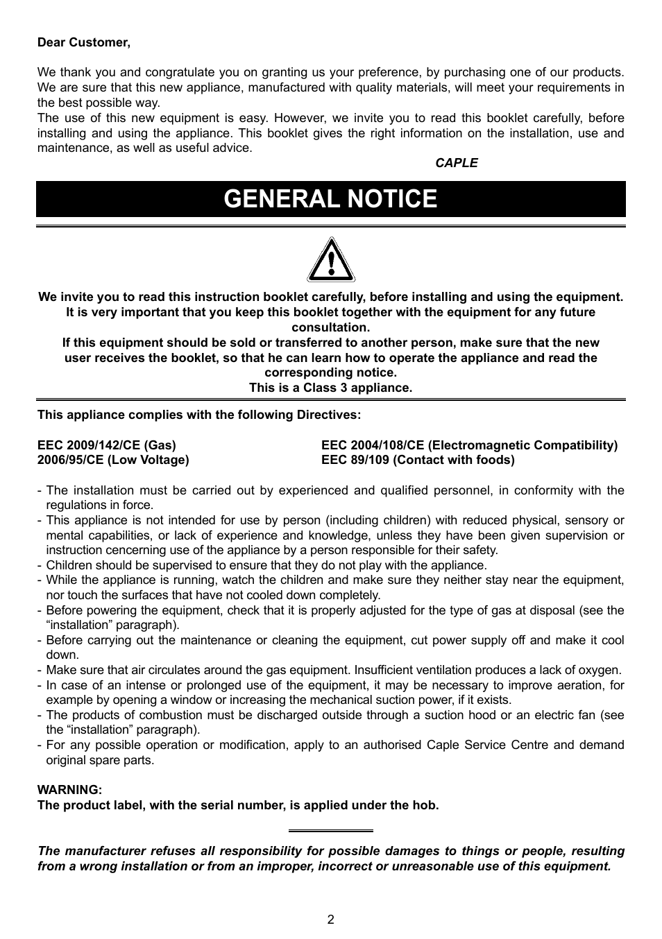 General notice | Caple C993G User Manual | Page 2 / 8