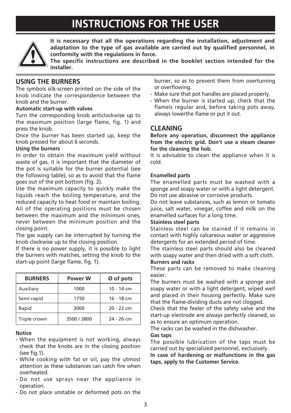 Instructions for the user, Using the burners, Cleaning | Caple C971G User Manual | Page 3 / 12