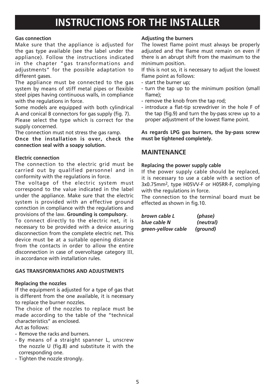 Instructions for the installer, Maintenance | Caple C971G User Manual | Page 5 / 12