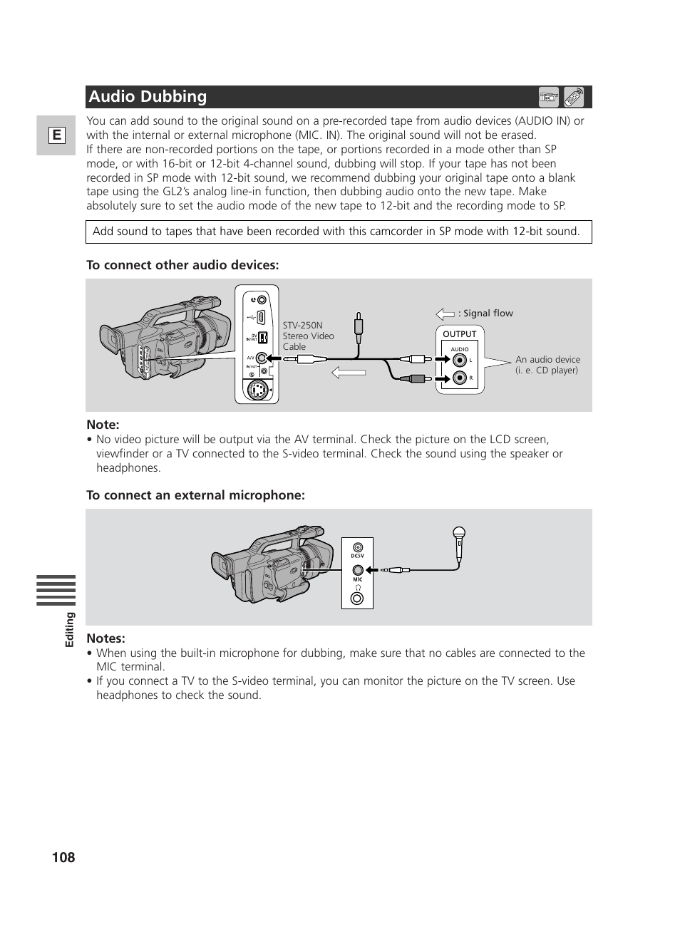 Audio dubbing, 108 e | Canon GL2 User Manual | Page 108 / 163