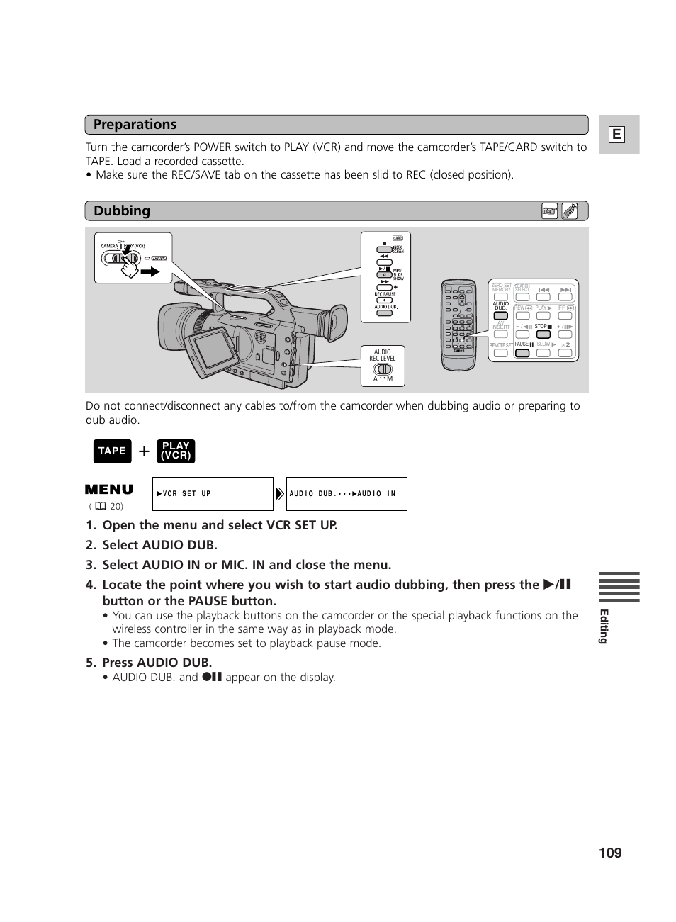 109 e, Preparations, Dubbing | Press audio dub, Audio dub. and 2a appear on the display | Canon GL2 User Manual | Page 109 / 163