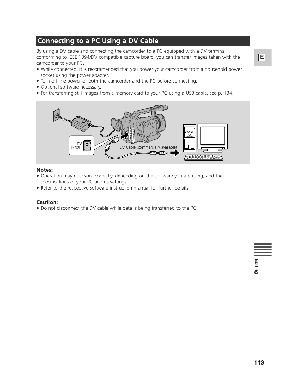 Connecting to a pc using a dv cable | Canon GL2 User Manual | Page 113 / 163