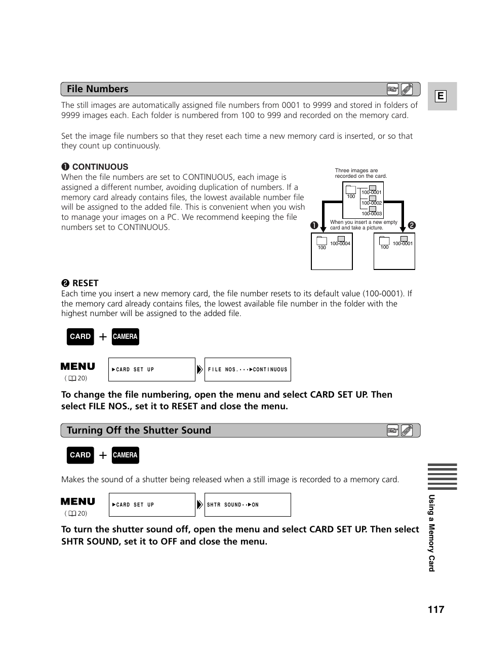 117 e, File numbers turning off the shutter sound, Reset | Canon GL2 User Manual | Page 117 / 163