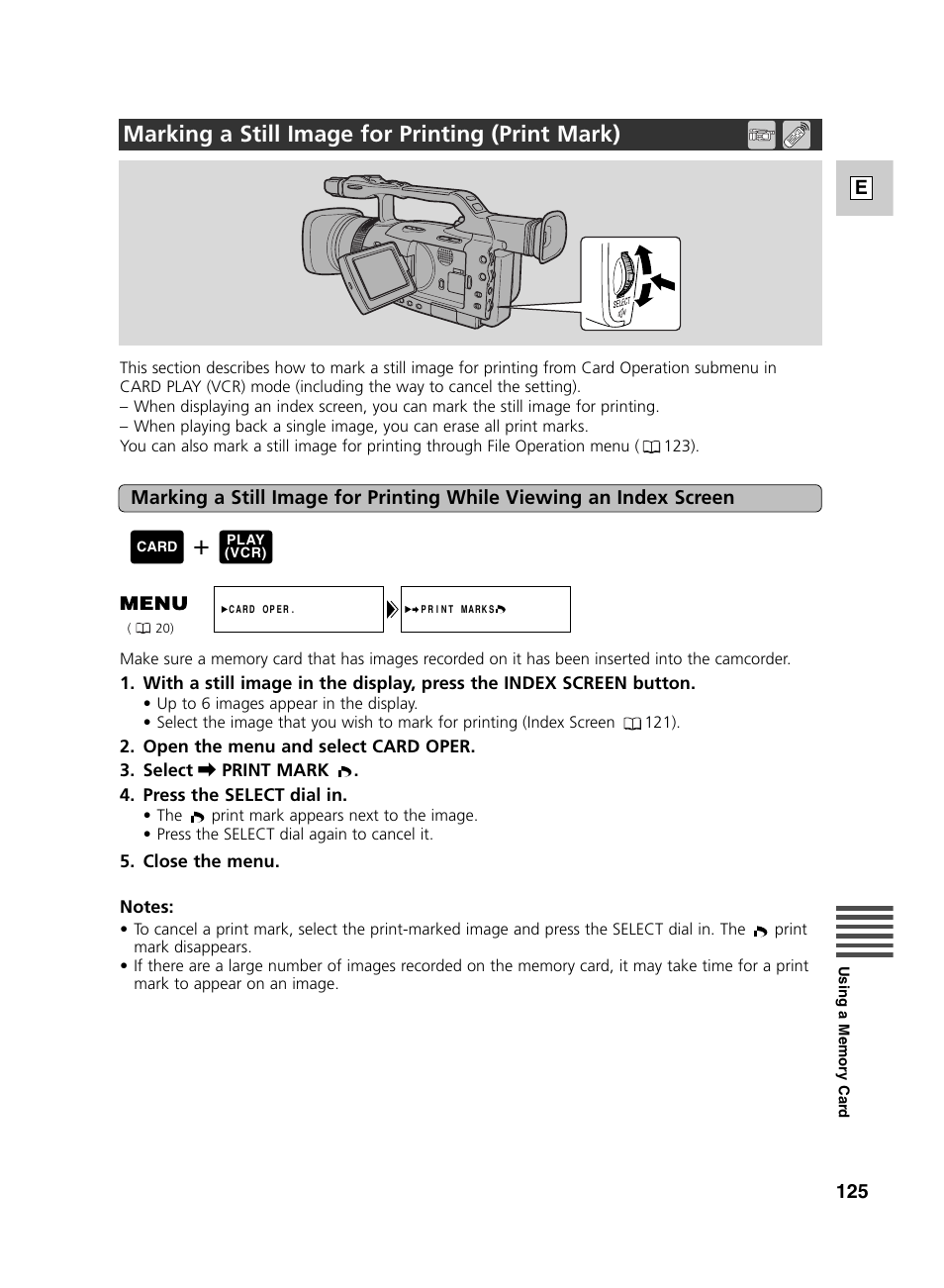 Marking a still image for printing (print mark) | Canon GL2 User Manual | Page 125 / 163