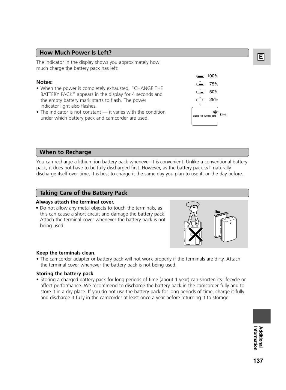 137 e, When to recharge, Taking care of the battery pack | How much power is left | Canon GL2 User Manual | Page 137 / 163