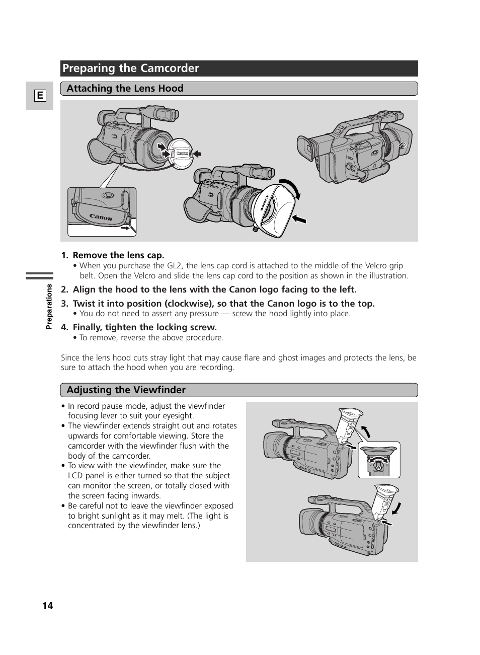 Preparing the camcorder | Canon GL2 User Manual | Page 14 / 163