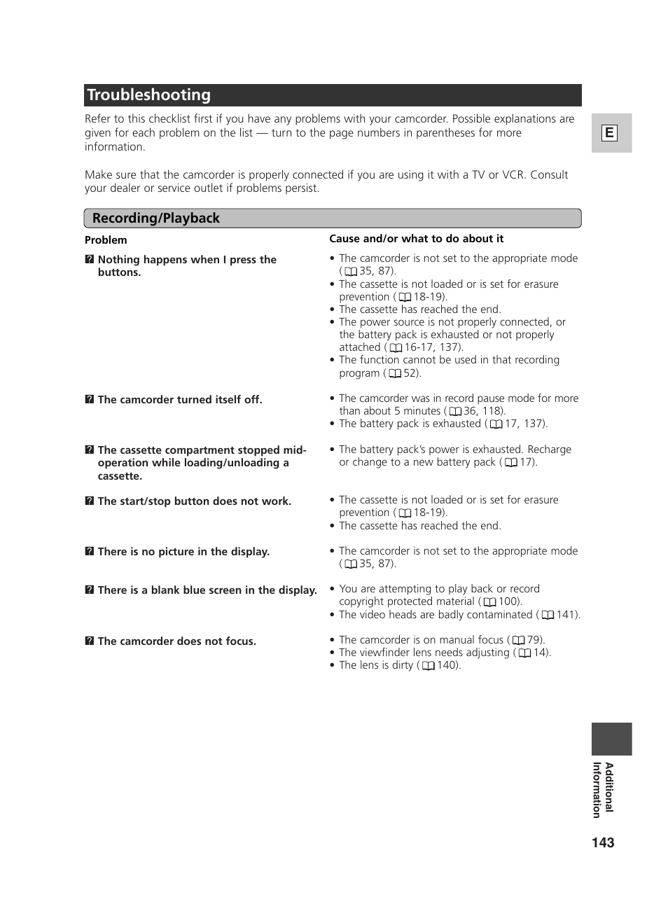 Troubleshooting, Recording/playback, 143 e | Canon GL2 User Manual | Page 143 / 163