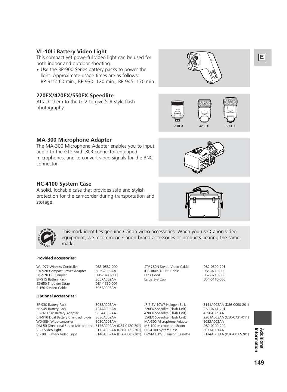 149 e, Vl-10li battery video light, Ma-300 microphone adapter | Hc-4100 system case | Canon GL2 User Manual | Page 149 / 163