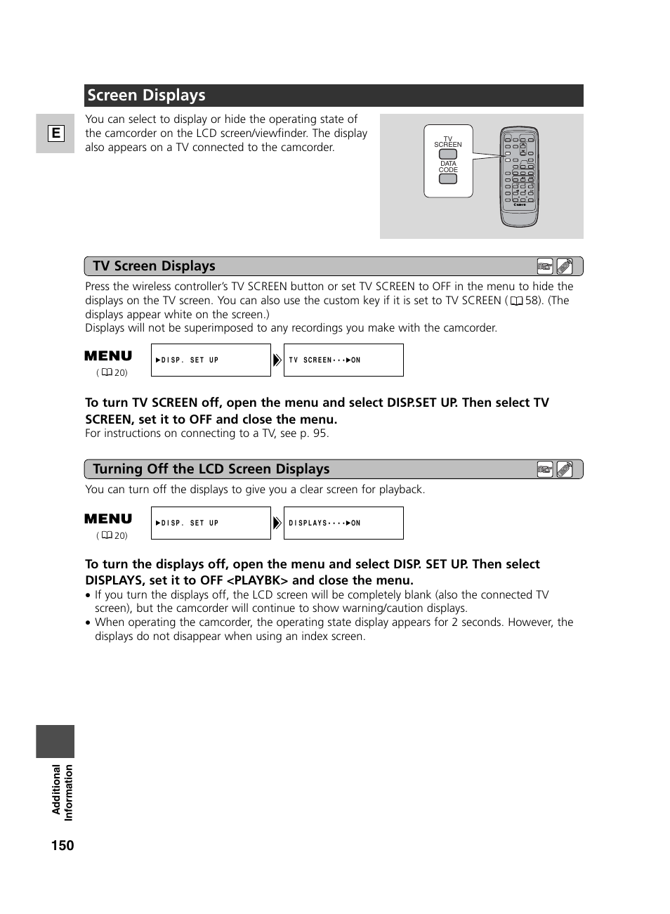 Screen displays, 150 e | Canon GL2 User Manual | Page 150 / 163