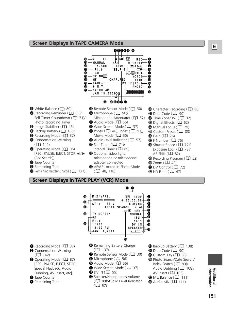 151 e, Screen displays in tape camera mode, Screen displays in tape play (vcr) mode | Canon GL2 User Manual | Page 151 / 163