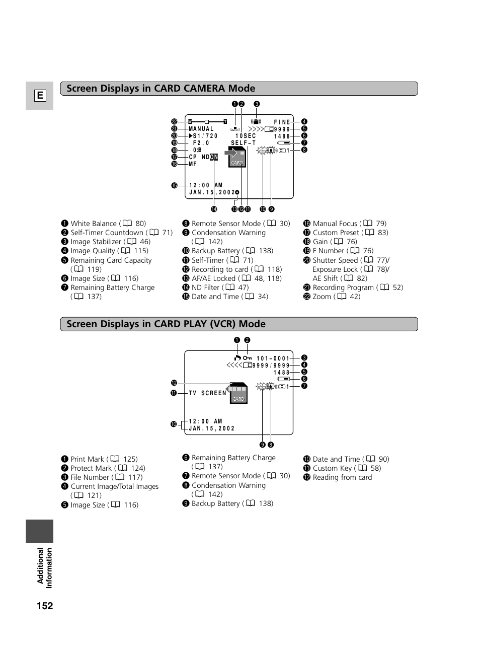 152 e, Screen displays in card camera mode, Screen displays in card play (vcr) mode | Canon GL2 User Manual | Page 152 / 163