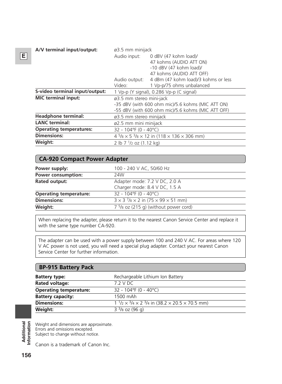 156 e, Ca-920 compact power adapter, Bp-915 battery pack | Canon GL2 User Manual | Page 156 / 163