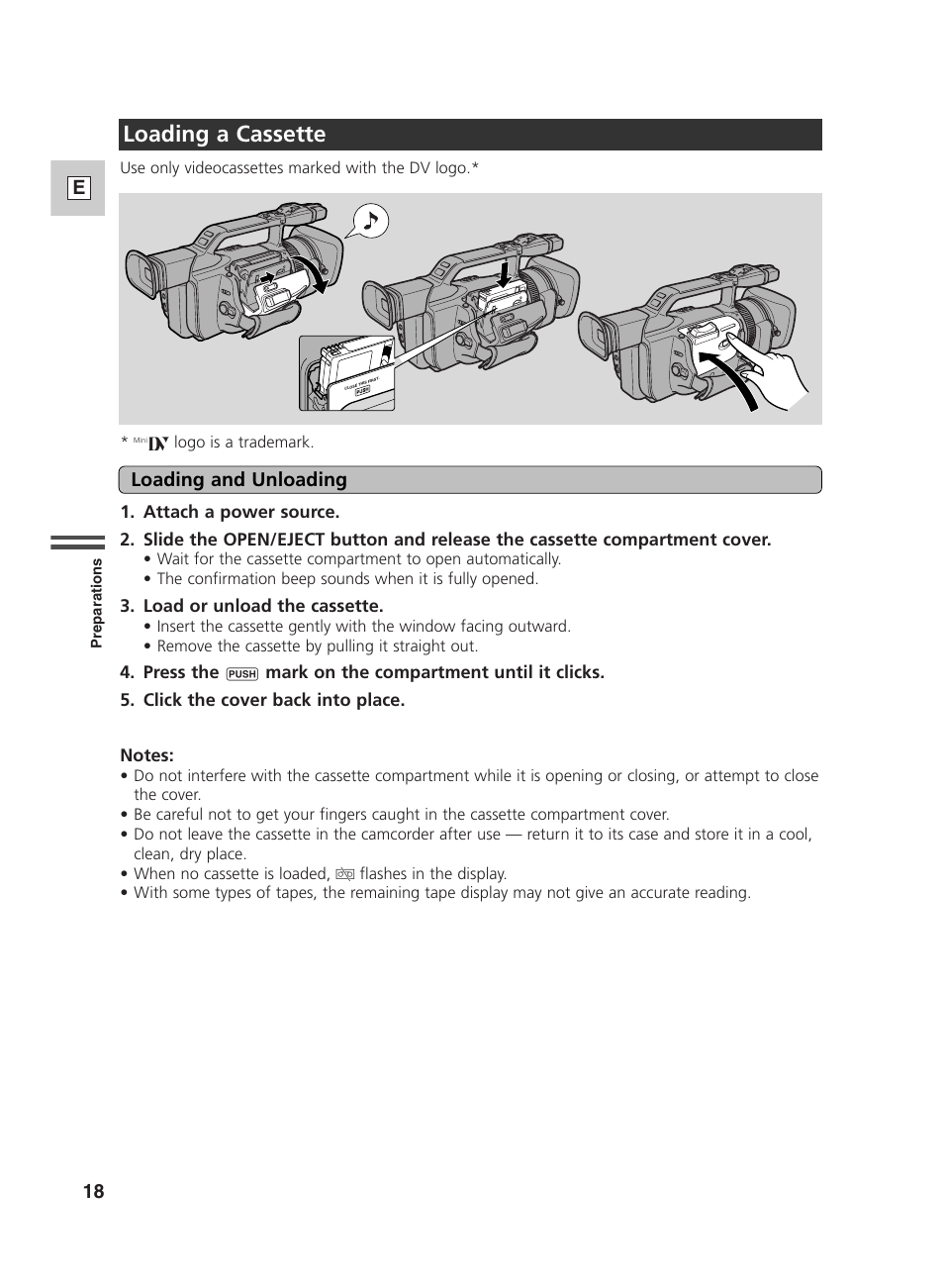 Loading a cassette | Canon GL2 User Manual | Page 18 / 163