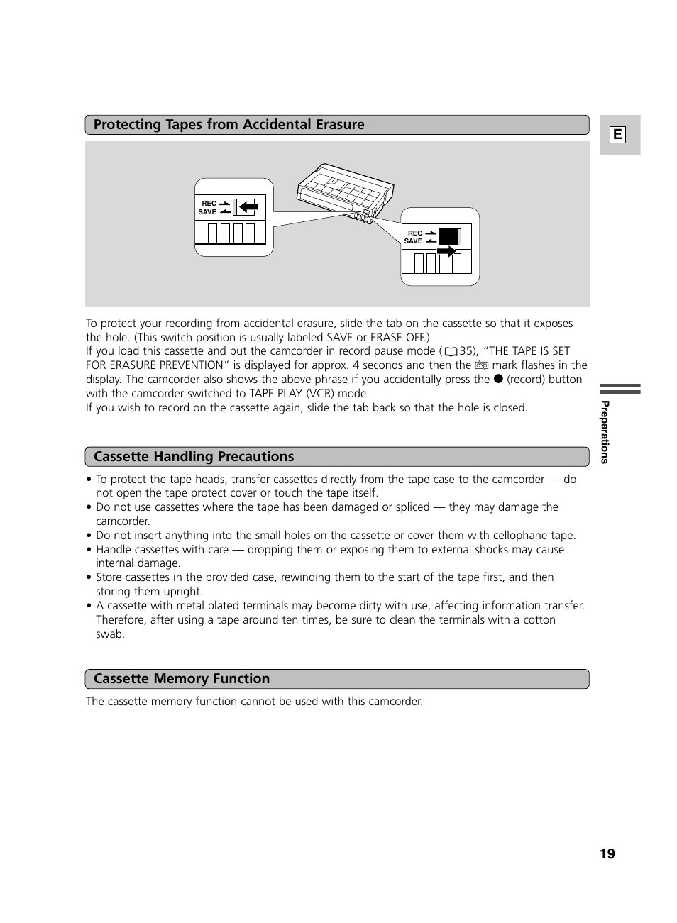 19 e, Protecting tapes from accidental erasure | Canon GL2 User Manual | Page 19 / 163