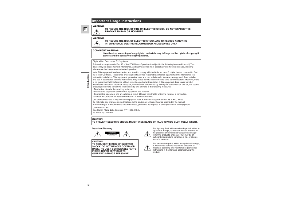 Important usage instructions | Canon GL2 User Manual | Page 2 / 163
