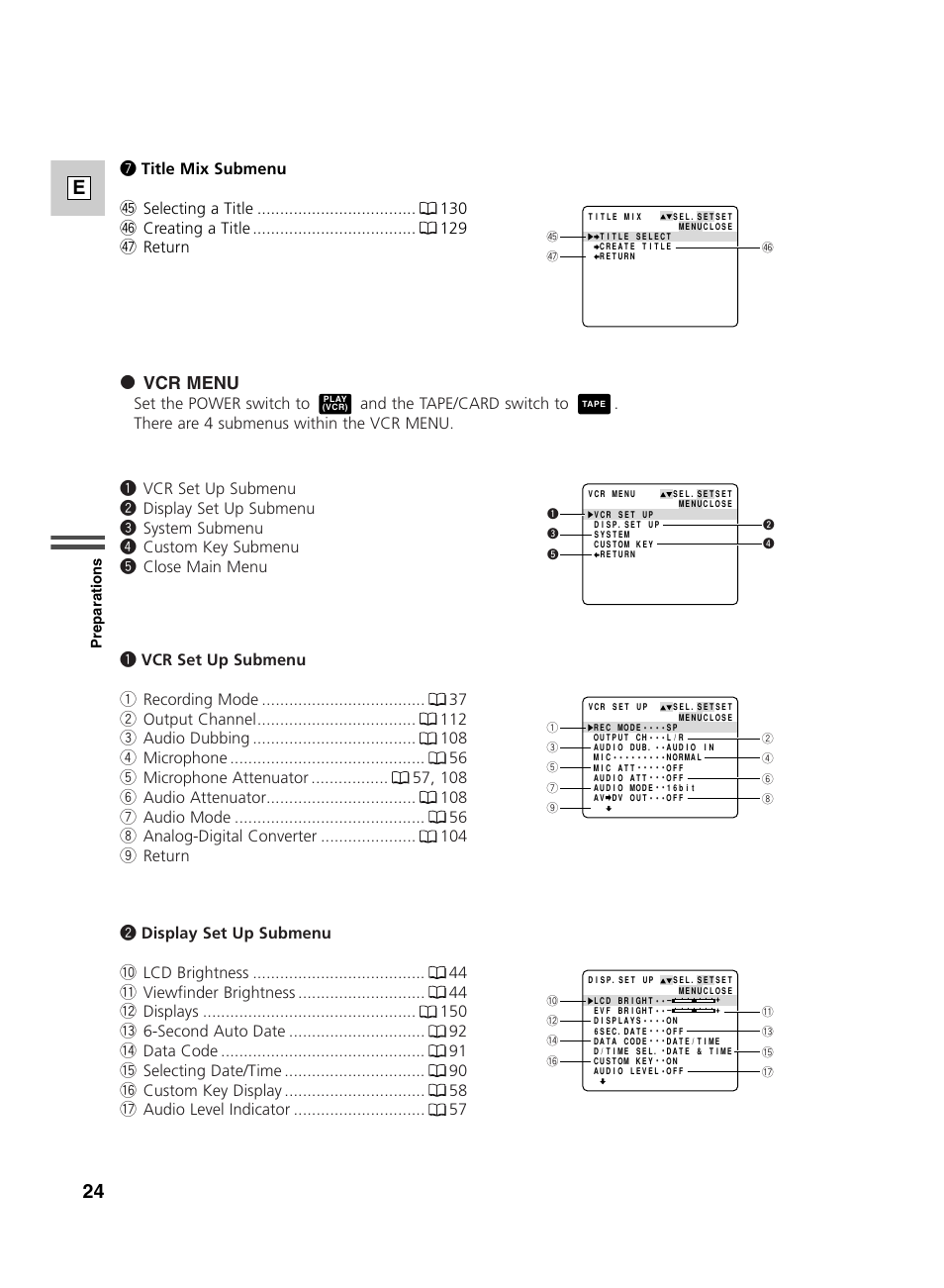 24 e, 2 vcr menu | Canon GL2 User Manual | Page 24 / 163