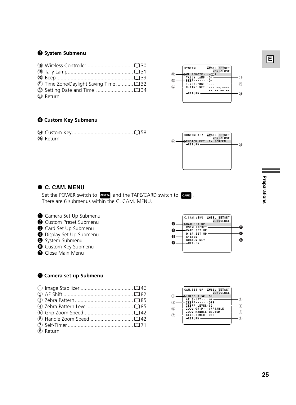 25 e, 2 c. cam. menu | Canon GL2 User Manual | Page 25 / 163