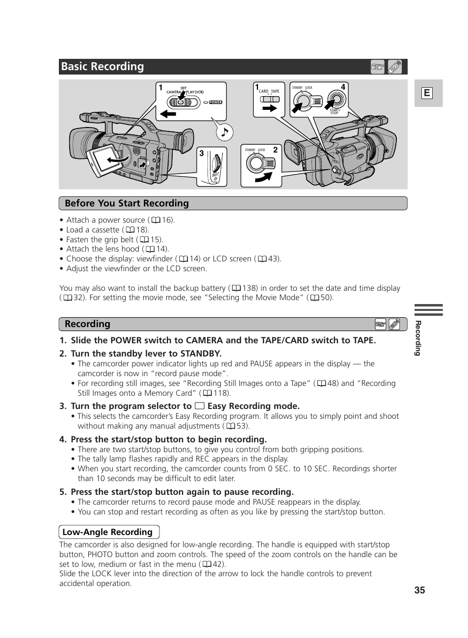 Basic recording, 35 e, Before you start recording | Recording | Canon GL2 User Manual | Page 35 / 163