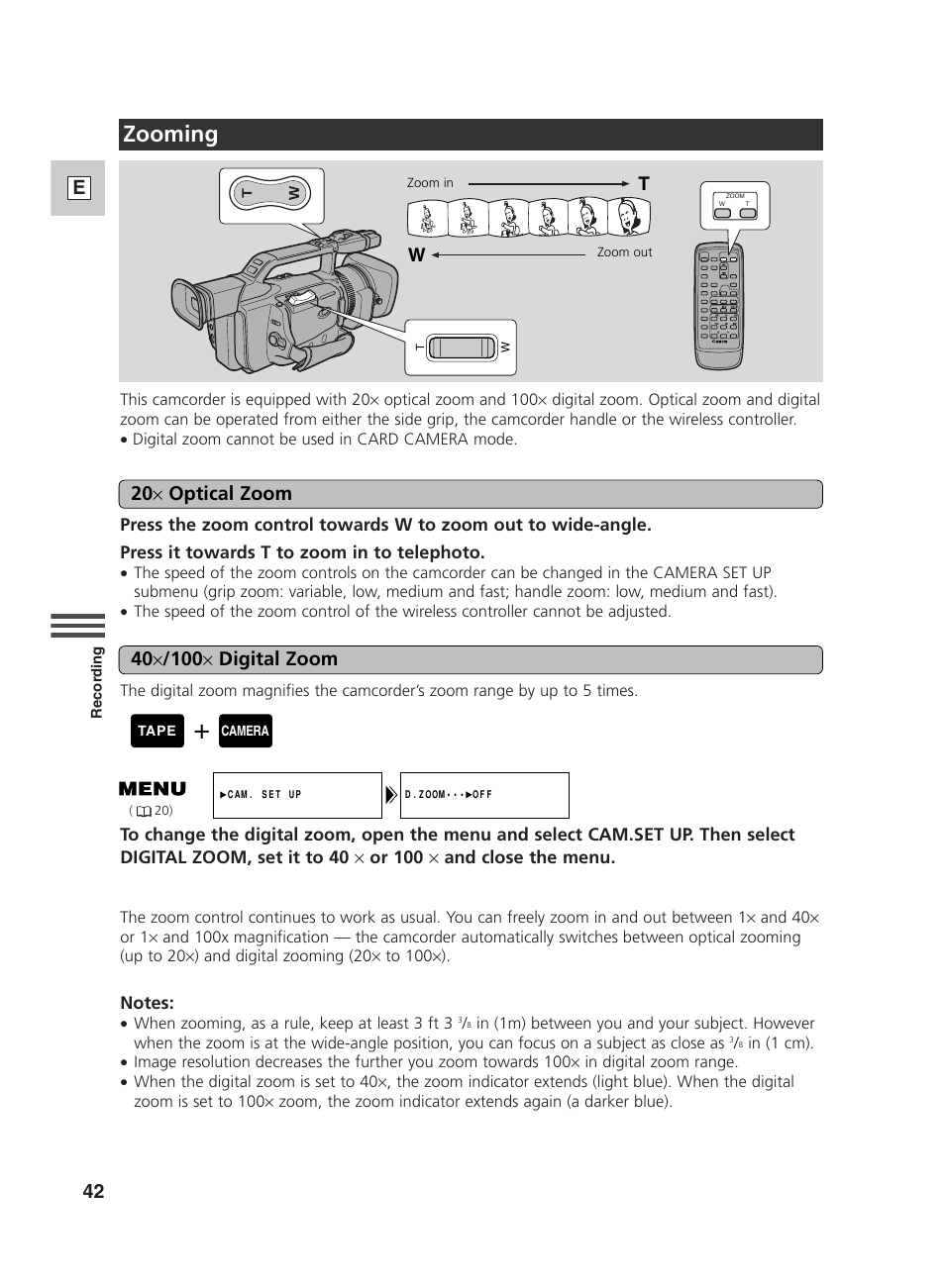 Zooming, 42 e, Optical zoom 40 | Digital zoom | Canon GL2 User Manual | Page 42 / 163