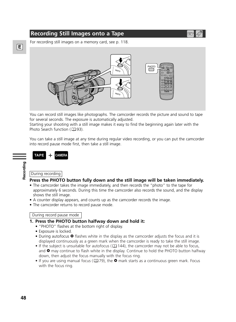 Recording still images onto a tape | Canon GL2 User Manual | Page 48 / 163