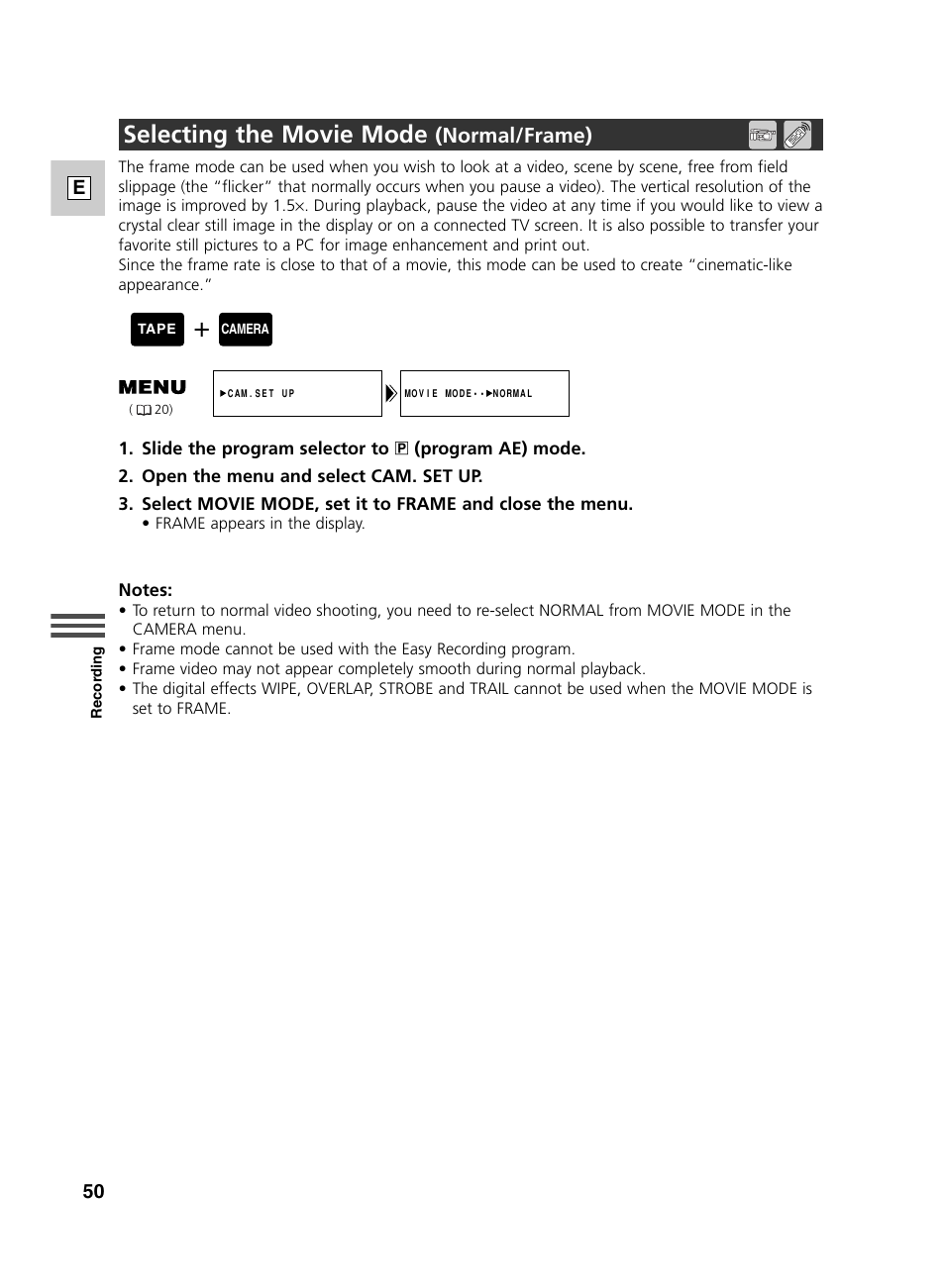 Selecting the movie mode, Normal/frame) | Canon GL2 User Manual | Page 50 / 163