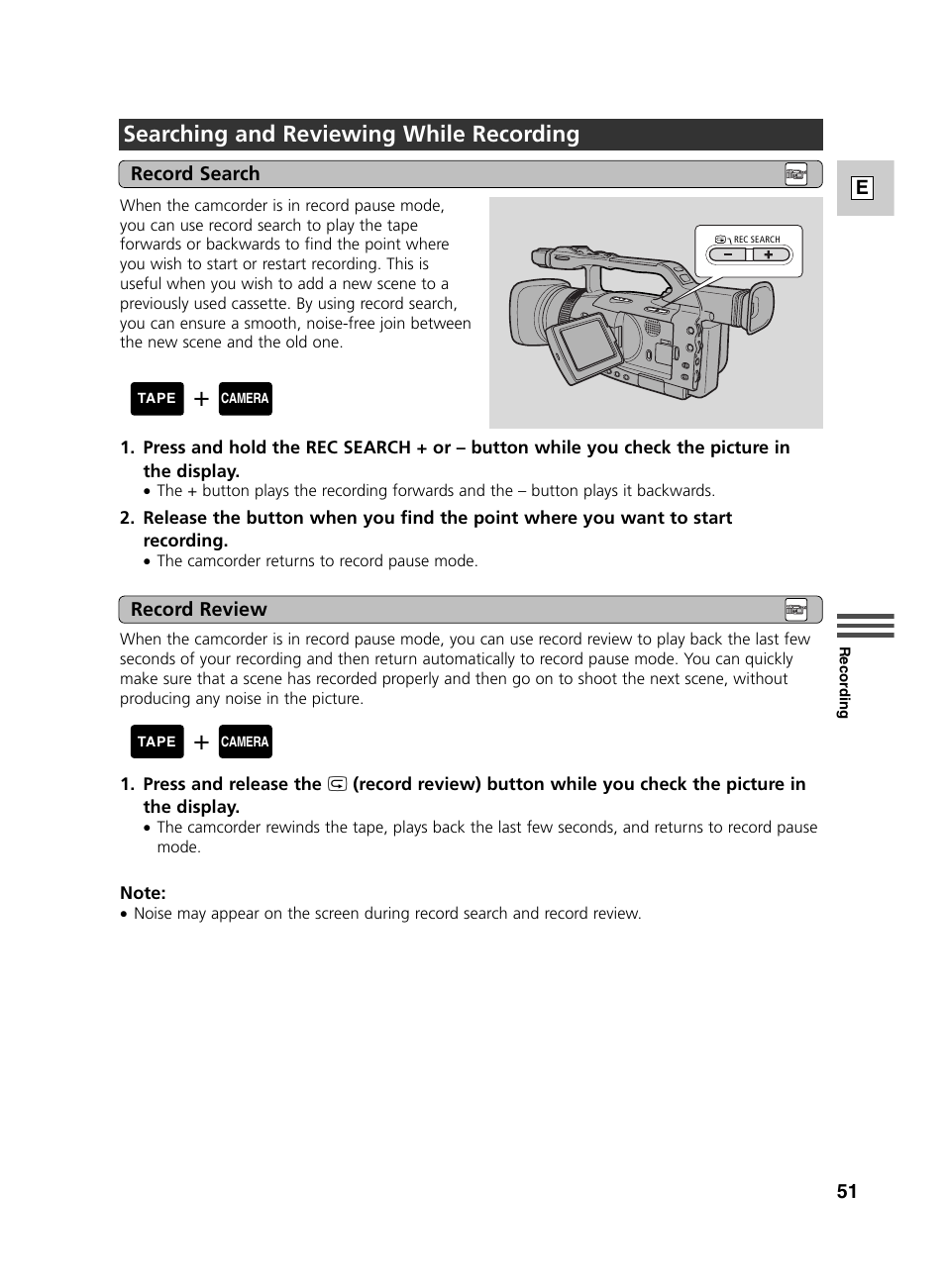 Searching and reviewing while recording | Canon GL2 User Manual | Page 51 / 163