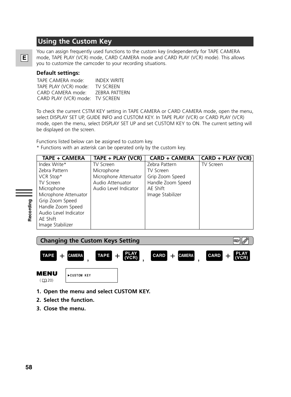 Using the custom key | Canon GL2 User Manual | Page 58 / 163