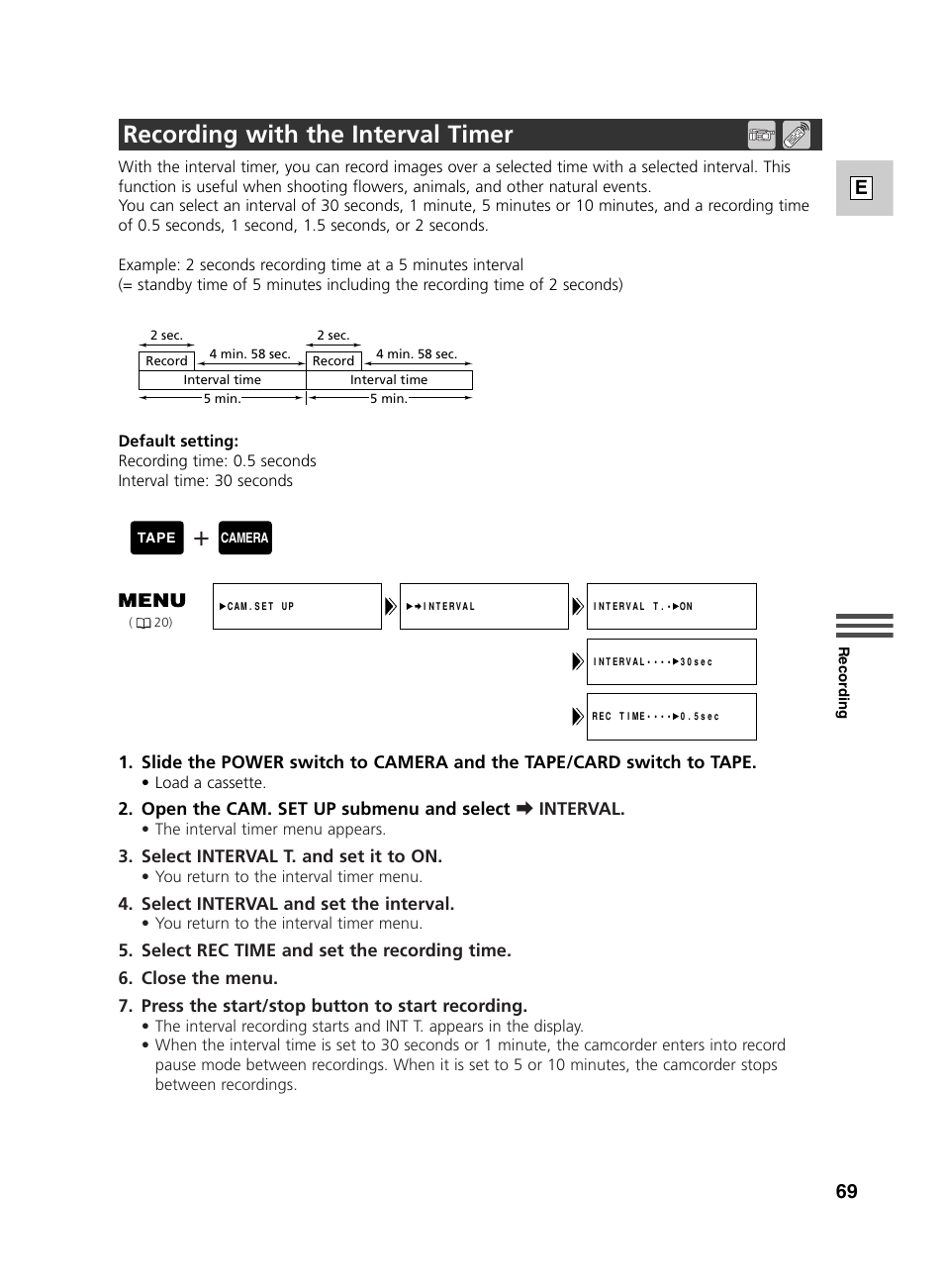 Recording with the interval timer, 69 e | Canon GL2 User Manual | Page 69 / 163