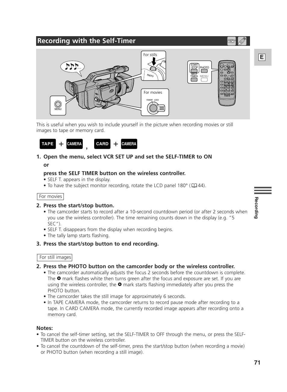 Recording with the self-timer, 71 e | Canon GL2 User Manual | Page 71 / 163