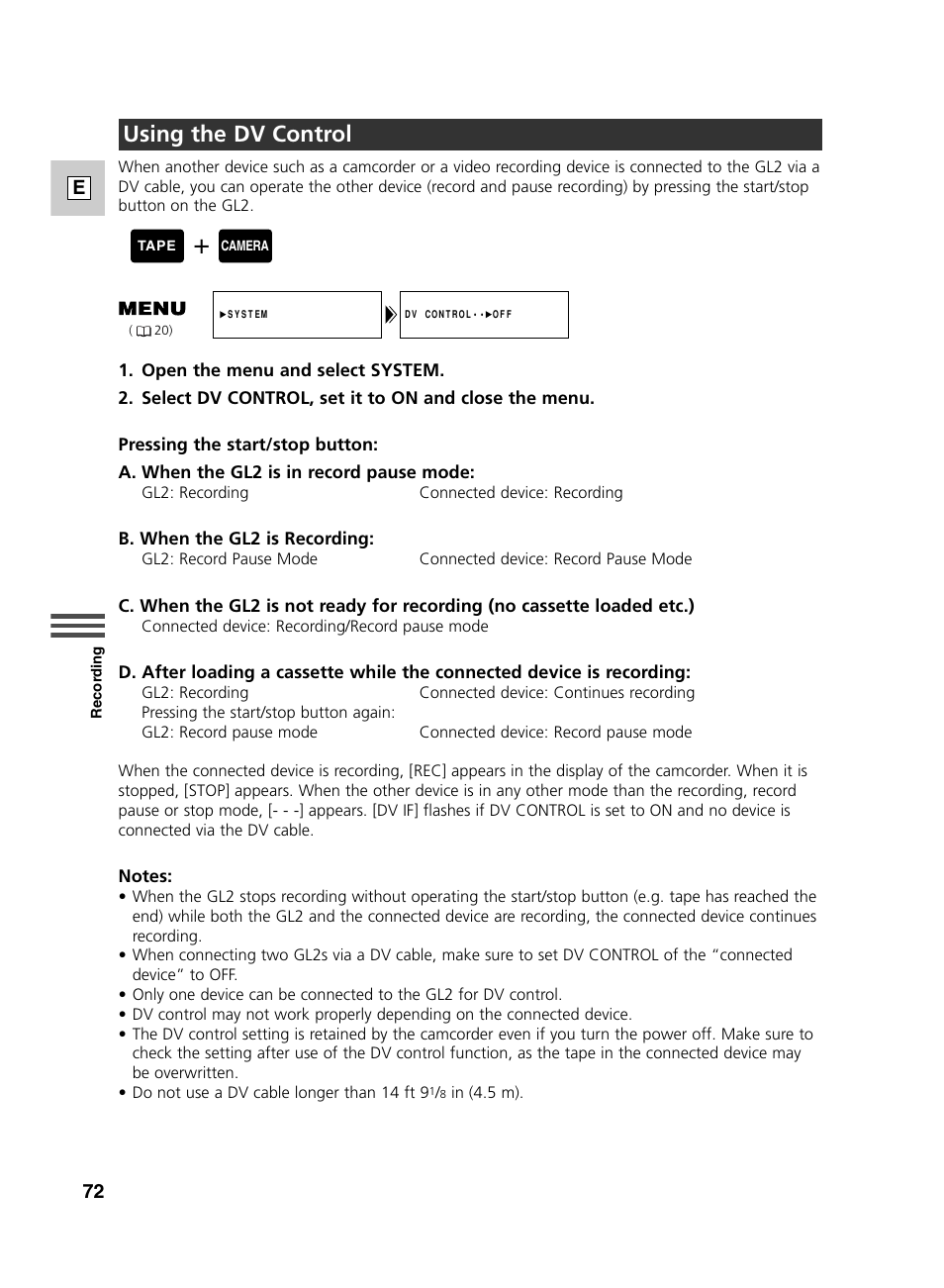 Using the dv control | Canon GL2 User Manual | Page 72 / 163