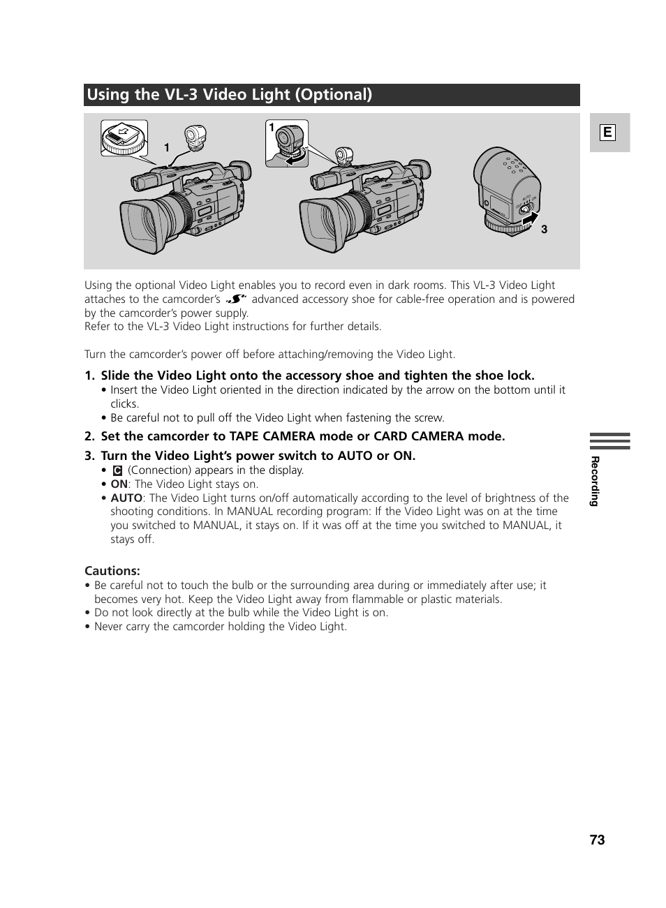 Using the vl-3 video light (optional), 73 e | Canon GL2 User Manual | Page 73 / 163