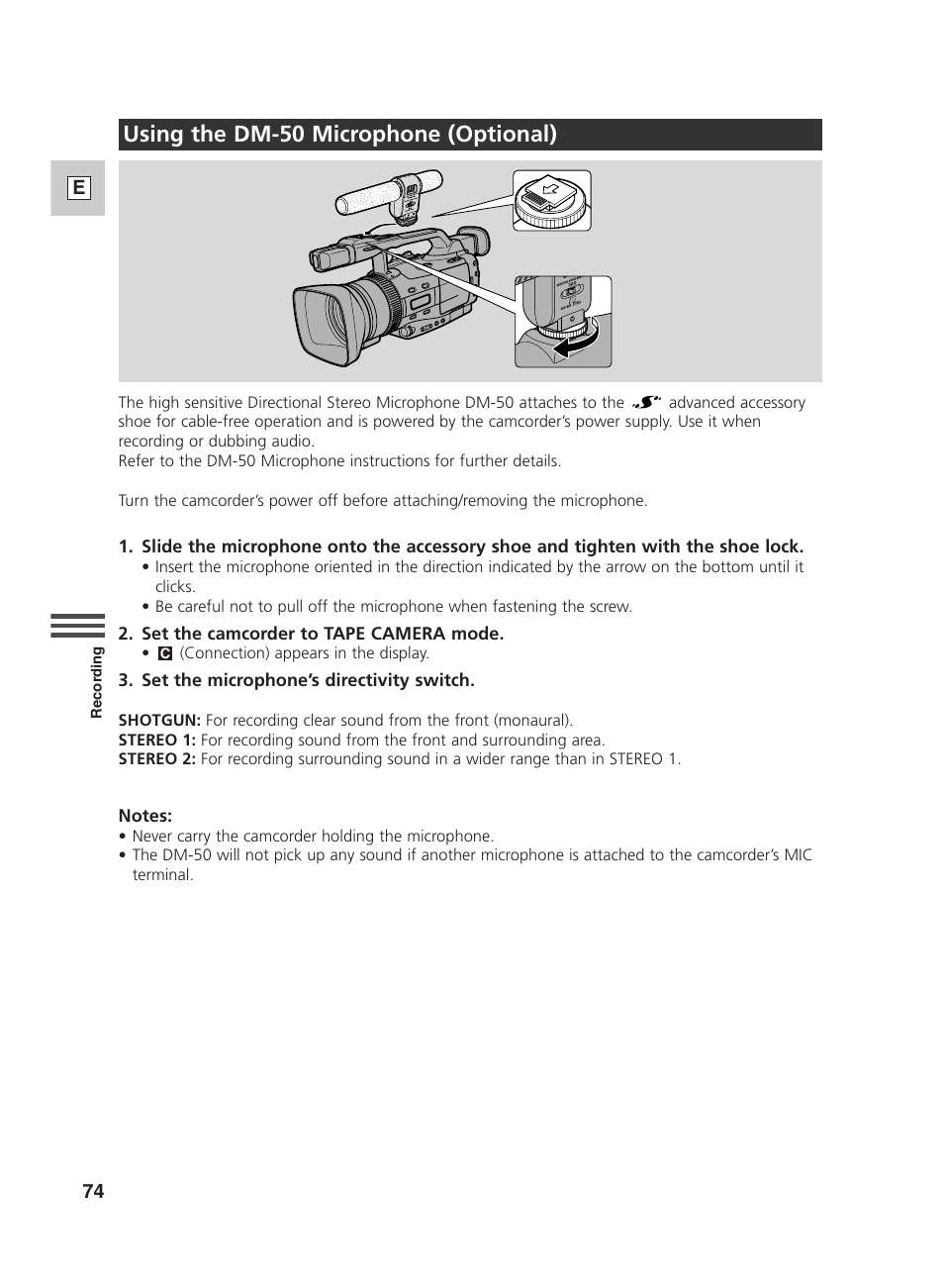 Using the dm-50 microphone (optional) | Canon GL2 User Manual | Page 74 / 163