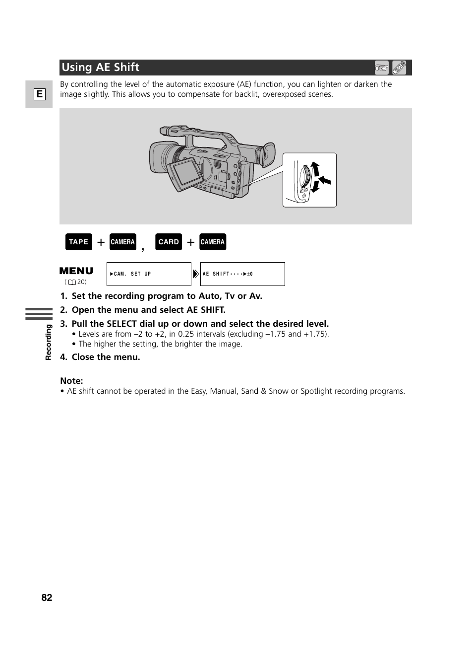 Using ae shift | Canon GL2 User Manual | Page 82 / 163