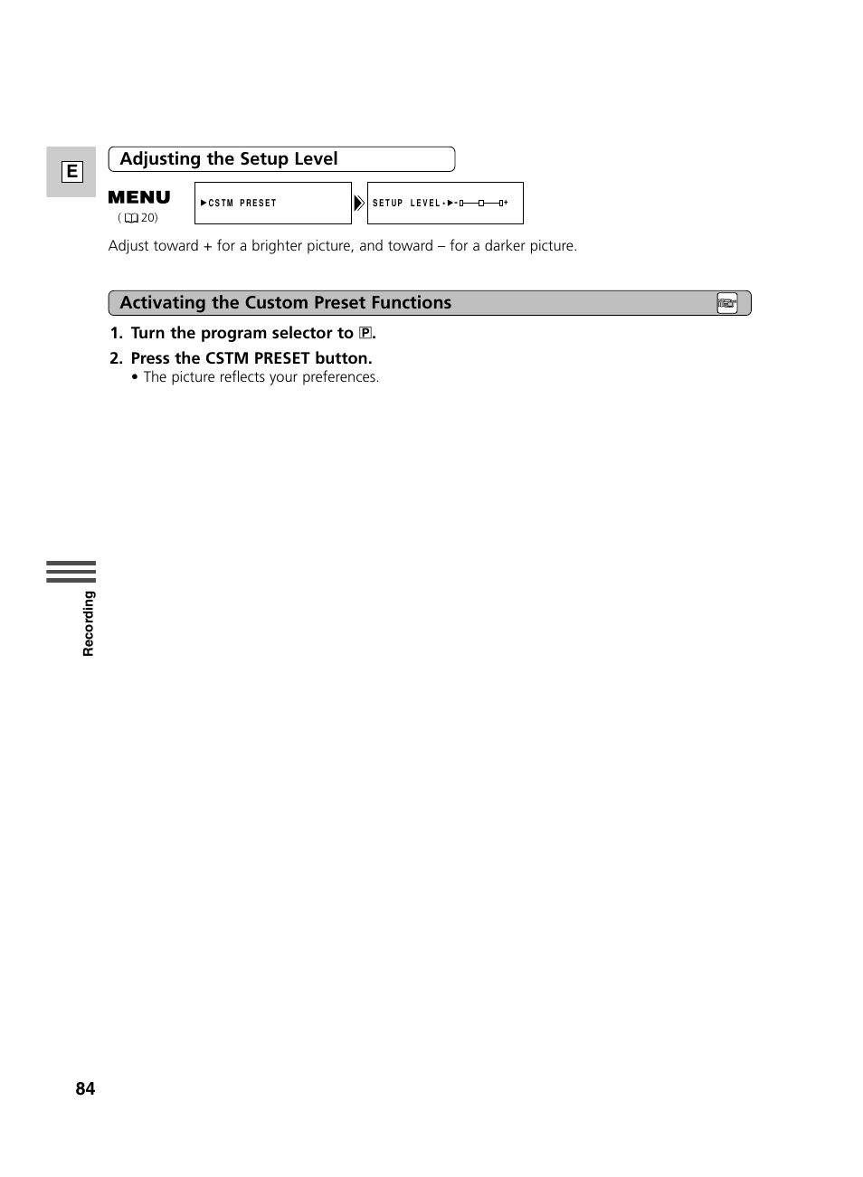 84 e, Adjusting the setup level, Activating the custom preset functions | Canon GL2 User Manual | Page 84 / 163