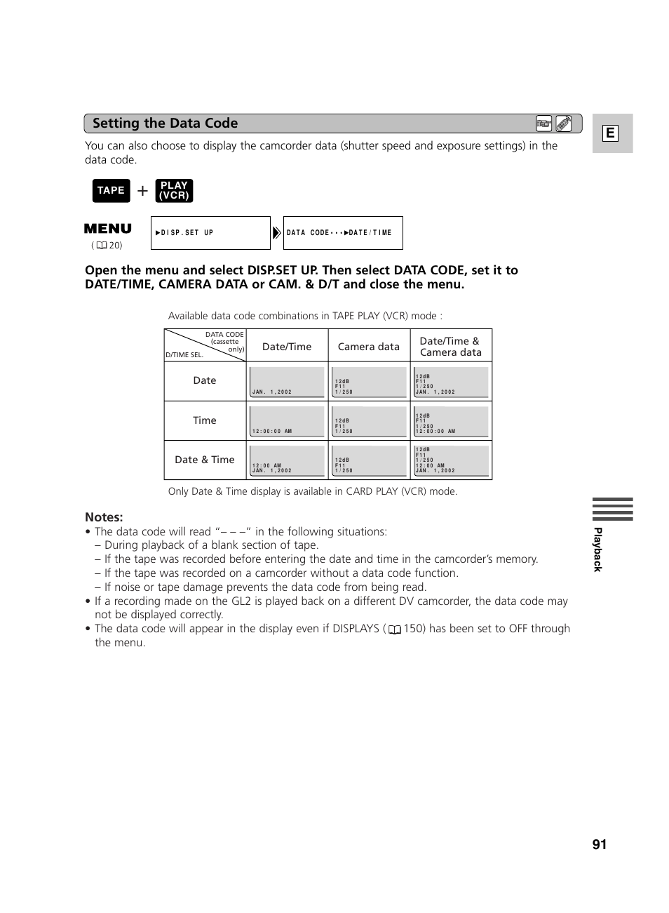 91 e, Setting the data code | Canon GL2 User Manual | Page 91 / 163