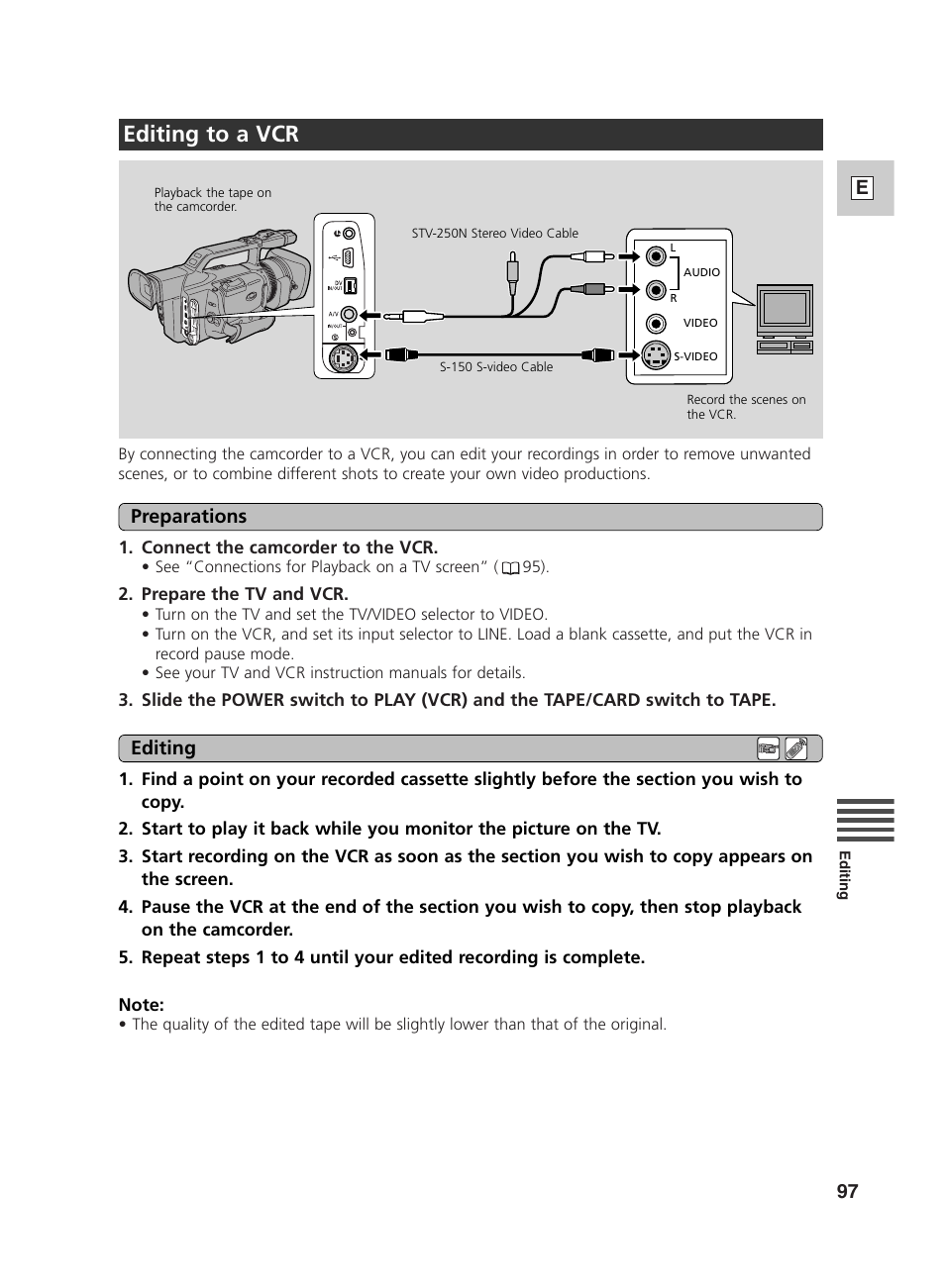 Editing to a vcr | Canon GL2 User Manual | Page 97 / 163