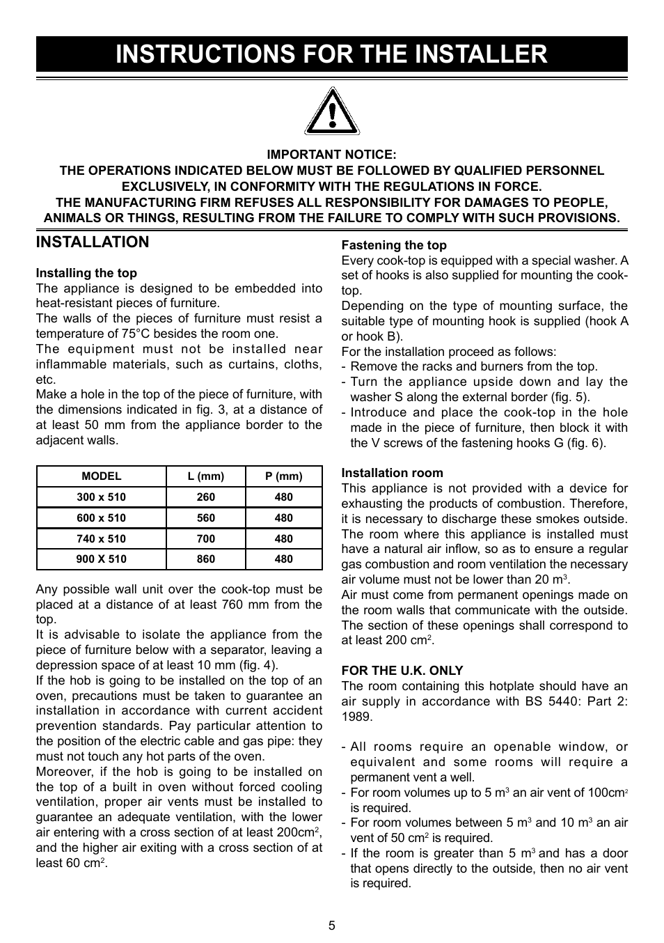 Instructions for the installer, Installation | Caple C739G User Manual | Page 5 / 8