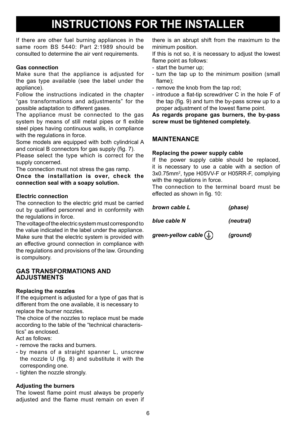 Instructions for the installer | Caple C739G User Manual | Page 6 / 8